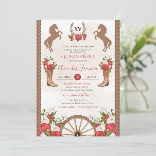 ウェスタン素朴レッドフロール女性のカーボーイチャラキンセアニェラ 招待状 (スタンド正面)