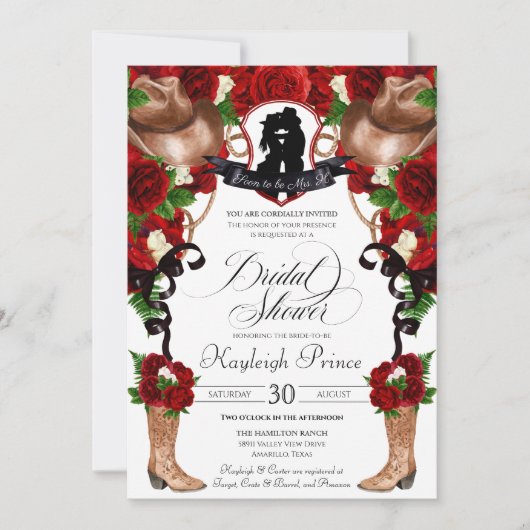 ウェスタン素朴レッドローゼス女性のカーボーイブライダルシャワーInv 招待状 (正面)