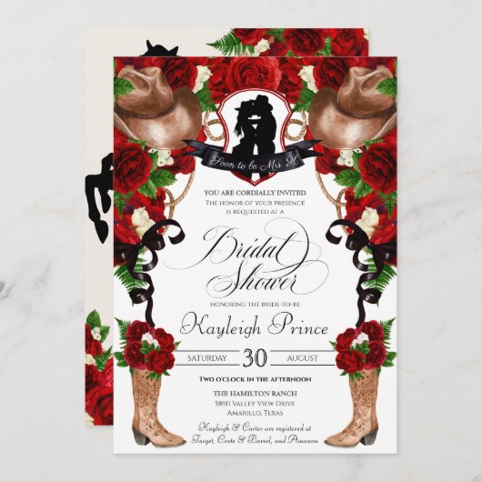 ウェスタン素朴レッドローゼス女性のカーボーイブライダルシャワーInv 招待状 (正面/裏面)