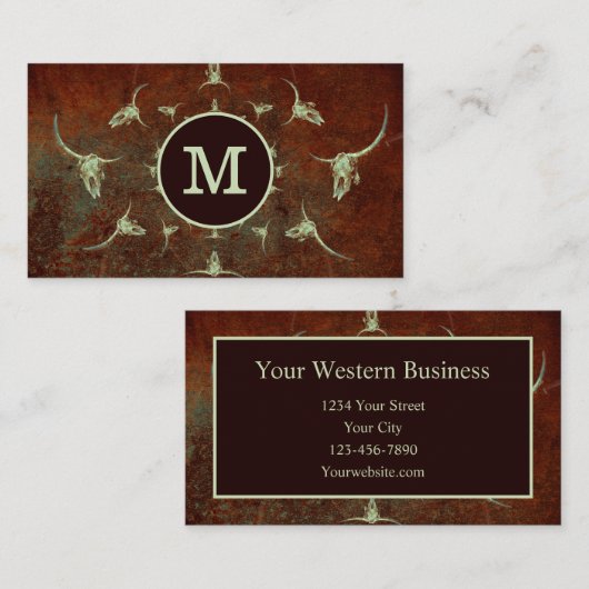 ウェスタン素朴ヴィンテージモノグラムブラウンブルスカル 名刺 (正面/裏面)