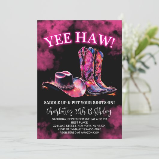 ウェスタン素朴女性のカーボーイバースデーパーティーピンクネオン 招待状 (スタンド正面)