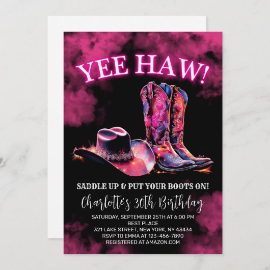 ウェスタン素朴女性のカーボーイバースデーパーティーピンクネオン 招待状 (正面/裏面)