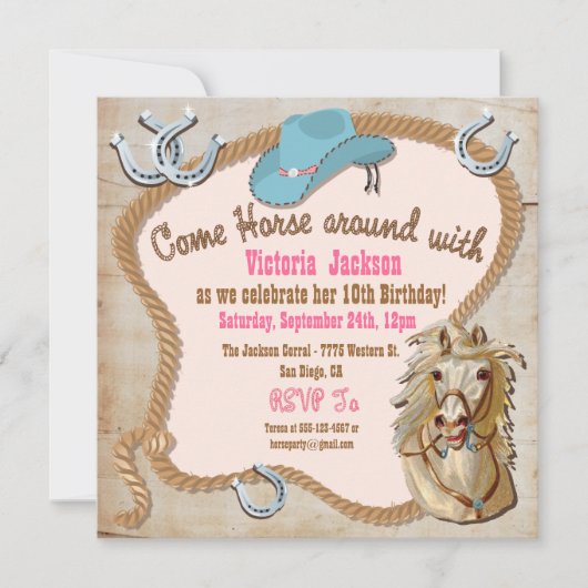 ウェスタン素朴女性のカーボーイホース誕生日招待状 招待状 (正面)