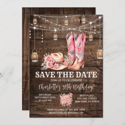 ウェスタン素朴女性のカーボーイ日付の保存誕生日 招待状 (正面/裏面)