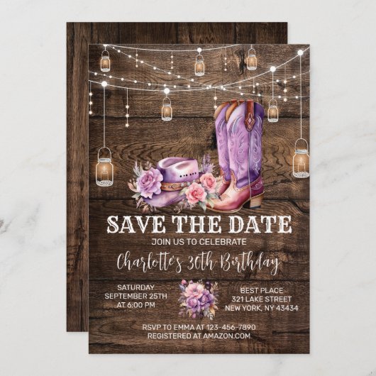 ウェスタン素朴女性のカーボーイ日付の保存誕生日 招待状 (正面/裏面)