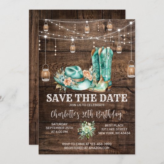 ウェスタン素朴女性のカーボーイ日付の保存誕生日 招待状 (正面/裏面)