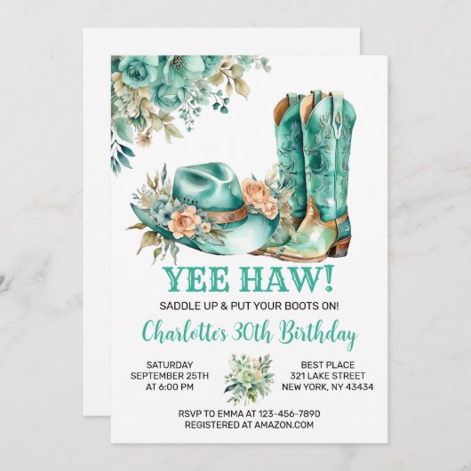 ウェスタン素朴女性のカーボーイ誕生日パーティー 招待状 (正面/裏面)