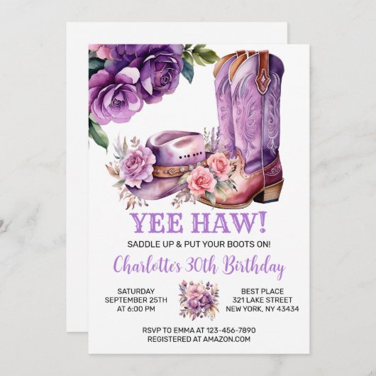 ウェスタン素朴女性のカーボーイ誕生日パーティー 招待状 (正面/裏面)