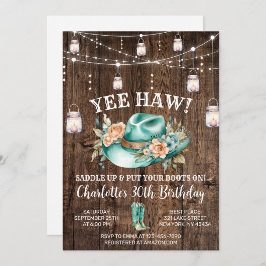 ウェスタン素朴女性のカーボーイ誕生日パーティー 招待状 (正面/裏面)