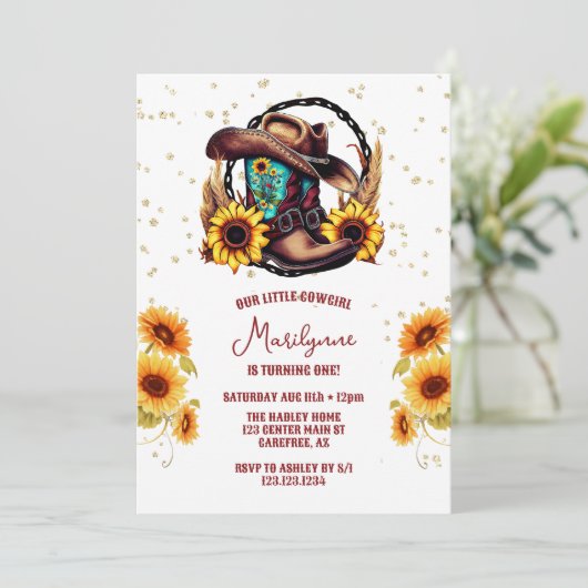ウェスタン素朴女性のカーボーイ1歳の誕生日 招待状 (スタンド正面)