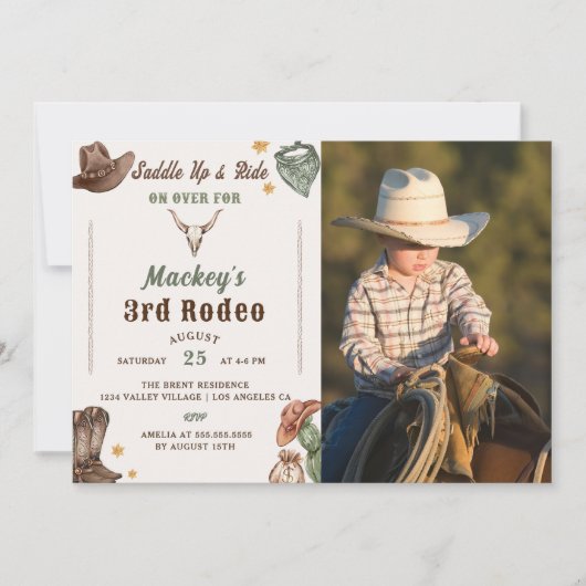 ウェスタン素朴誕生日3歳の誕生日パーティー写真 招待状 (正面)