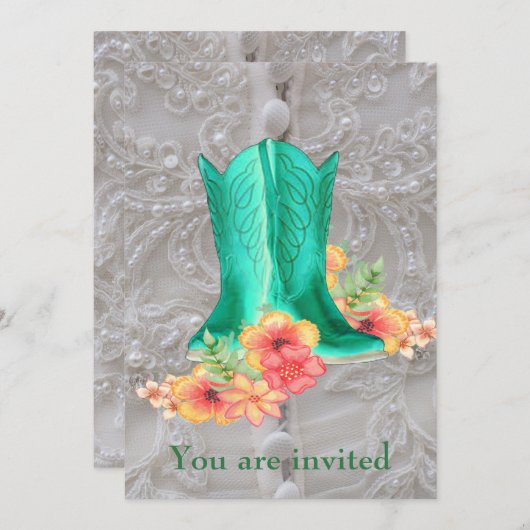 ウェスタン結婚ズのカウボーイブーツ花とレース 招待状 (正面/裏面)