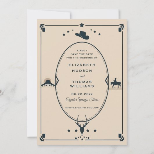 ウェスタン結婚ズのヴィンテージカウボーイ素朴フレーム セーブザデート (正面)