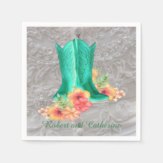 ウェスタン結婚ズカウボーイブーツフラワーズ名前をカスタムする スタンダードカクテルナプキン (正面)