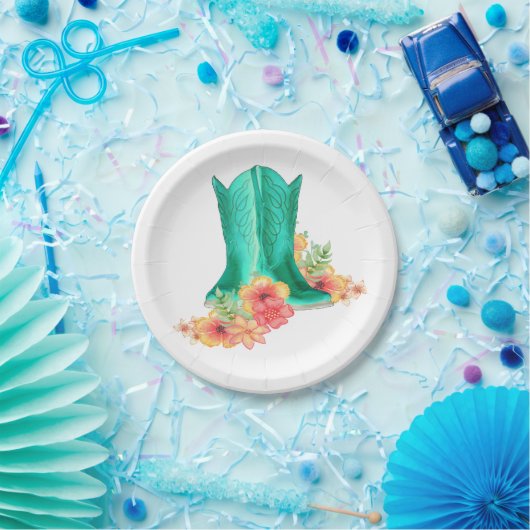 ウェスタン結婚パーティーのカウボーイブーツと花 ペーパープレート (パーティー)