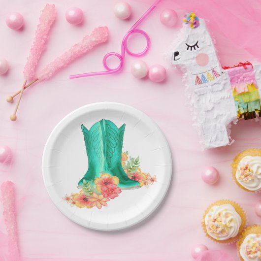 ウェスタン結婚パーティーのカウボーイブーツと花 ペーパープレート (パーティー)