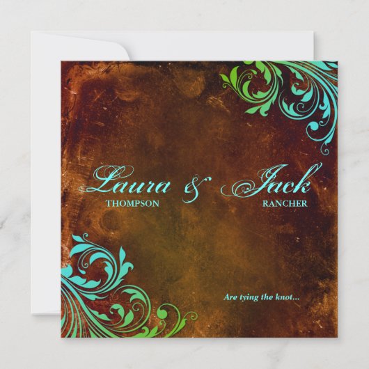 ウェスタン結婚式招待状ヴィンテージブラウンブルー 招待状 (正面)