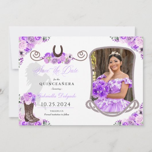 ウェスタン薄紫キンセアニラ日付写真を保存 招待状 (正面)