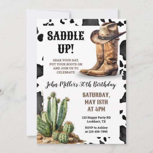 ウェスタン誕生日カウボーイブーツ&ハットカウープリント 招待状 (正面)
