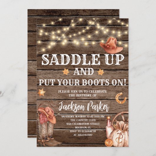 ウェスタン誕生日カントリーブーツバースデーパーティー 招待状 (正面/裏面)