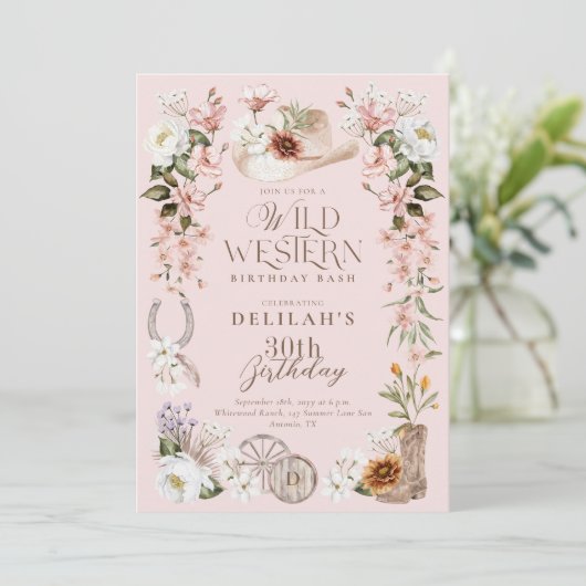 ウェスタン誕生日バッシュウォーター色フローラ女性のカーボーイ 招待状 (スタンド正面)
