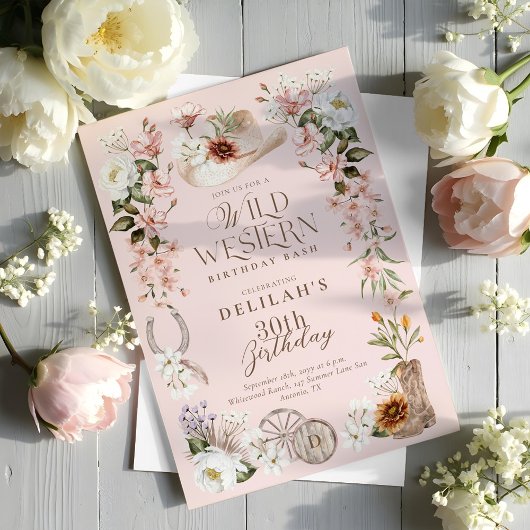ウェスタン誕生日バッシュウォーター色フローラ女性のカーボーイ 招待状