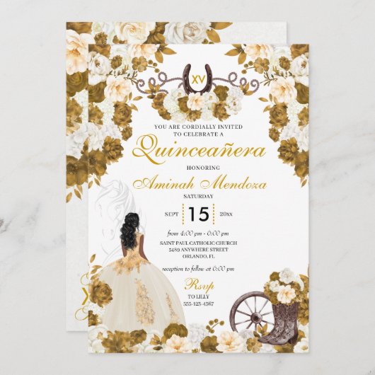 ウェスタン金ゴールドアイボリーチャロ女性のカーボーイキンセアニラ 招待状 (正面/裏面)