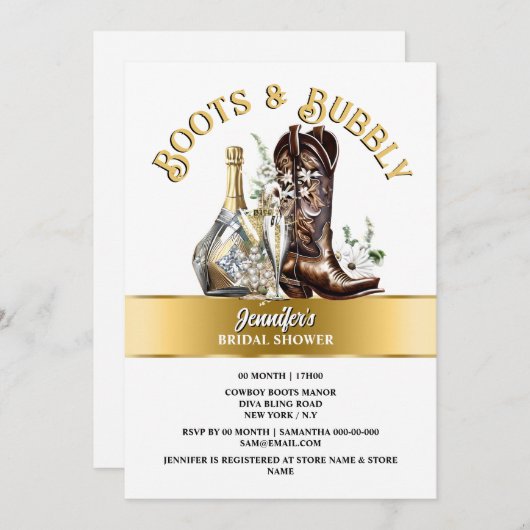 ウェスタン金ゴールドカウボーイブーツフローラバブリー夏シック 招待状 (正面/裏面)