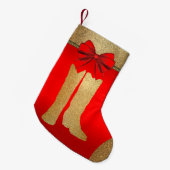 ウェスタン金ゴールドカウボーイ女性のカーボーイブーツオンレッド スモールクリスマスストッキング (正面 (吊り時))