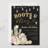 ウェスタン金ゴールドブーツ&きらきら光る女性のカーボーイサボテン誕生日 招待状 (正面)
