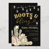 ウェスタン金ゴールドブーツ&きらきら光る女性のカーボーイサボテン誕生日 招待状 (正面/裏面)