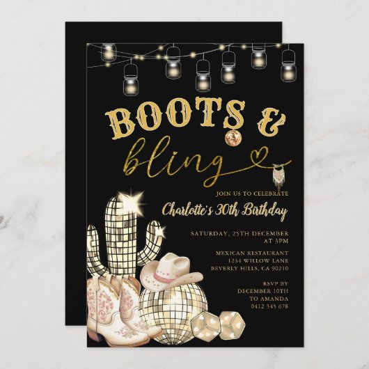 ウェスタン金ゴールドブーツ&きらきら光る女性のカーボーイサボテン誕生日 招待状 (正面/裏面)
