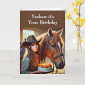 ウェスタン10代の若者女性のカーボーイホース誕生日 カード (黄色い花)