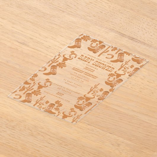 ウェスタン・アース・トーン・カントリー・ブーツ赤ちゃんシャワー アクリル招待状 (レイダウン)