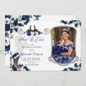 ウェスタン・ネイビー・ブルー・キンセアニラ日付写真を保存 招待状 (正面/裏面)