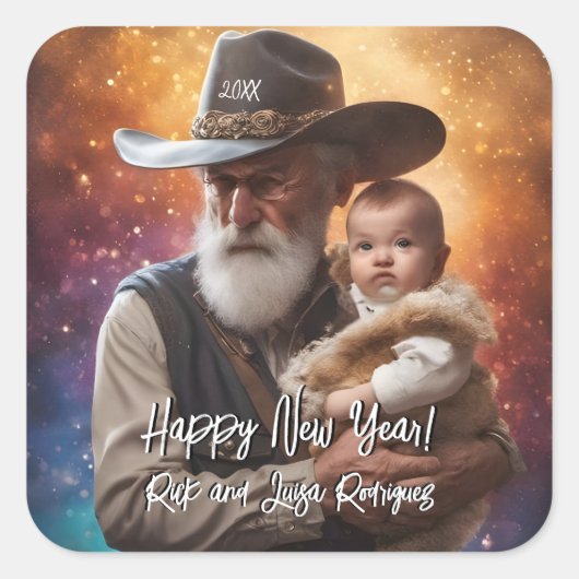 ウェスタン・ファーザー・タイムとベビー新年 スクエアシール (正面)