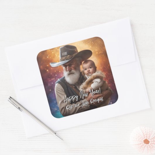 ウェスタン・ファーザー・タイムとベビー新年 スクエアシール (封筒)