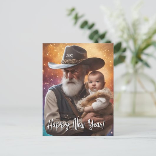 ウェスタン・ファーザー・タイムとベビー新年 ポストカード (スタンド正面)