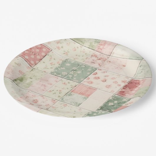 ウェスタン ファーム ミント ピンク フローラル キルト パターン ペーパープレート (アングル)