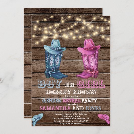 ウェスタン・ボーイ/ガール・ジェンダーが赤ちゃんのシャワーを明らかにする 招待状 (正面/裏面)