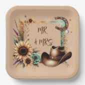 ウェスタン ラスティック ウェディング Mr & Mrs 9インチ スクエア ペーパープレート (正面)