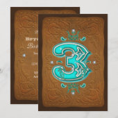 ウェスタン ラスティック ブラウン & ターコイズ THREE 3 3rd パーティー 招待状 (正面/裏面)