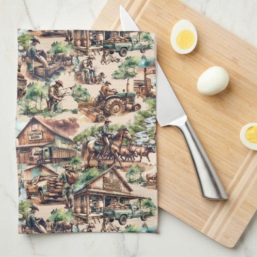 ウェスタン・ランチまたはカントリー・ファーム・シーン キッチンタオル (四つ折り)