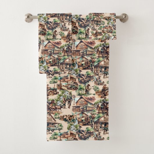 ウェスタン・ランチまたはカントリー・ファーム・シーン バスタオルセット (インサイチュ)