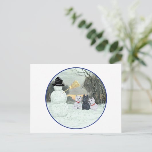 ウェスティーとスコッチテリアンと雪だるま ポストカード (スタンド正面)