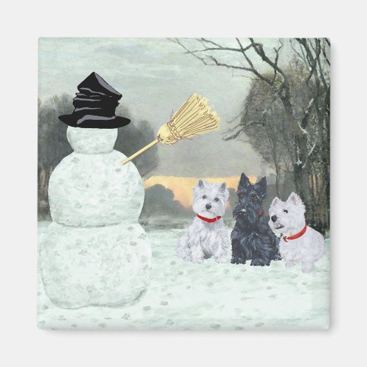 ウェスティーとスコティーと雪だるま マグネット (正面)