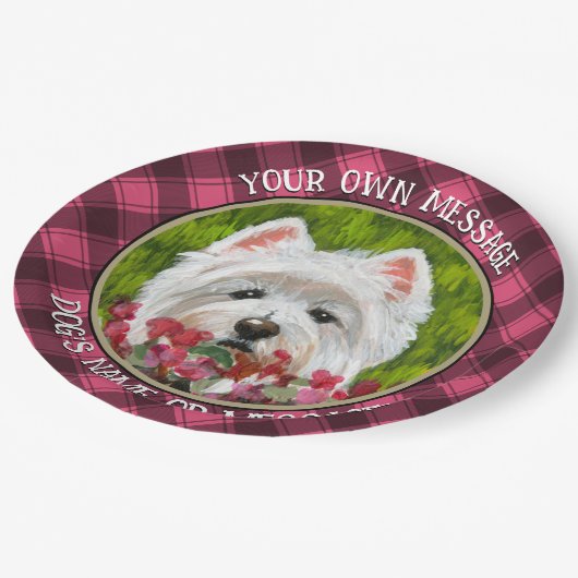 ウェスティーとピンクの花 ペーパープレート (アングル)