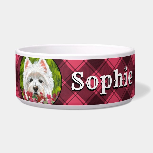 ウェスティーとピンクの花 ボウル (正面)