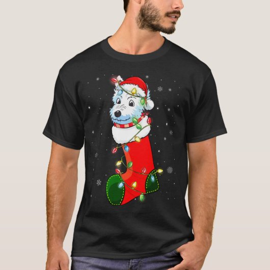 ウェスティークリスマスツリーウェスティーサンタハットライトズクリスマス Tシャツ (正面)