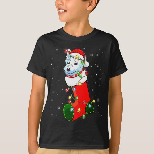 ウェスティークリスマスツリーウェスティーサンタハットライトズクリスマス Tシャツ (正面)